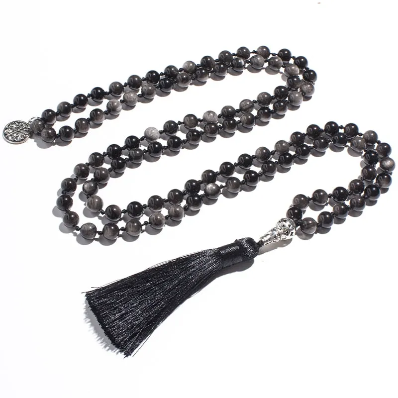 8mm Natural Obsidian Beaded Knotted Mala Necklace