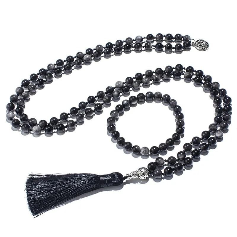 8mm Natural Obsidian Beaded Knotted Mala Necklace