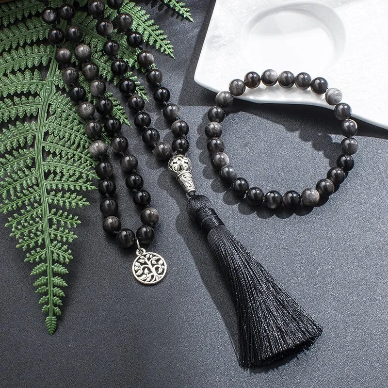 8mm Natural Obsidian Beaded Knotted Mala Necklace