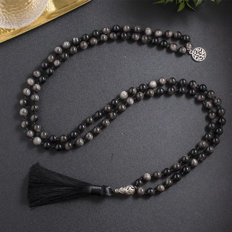 8mm Natural Obsidian Beaded Knotted Mala Necklace