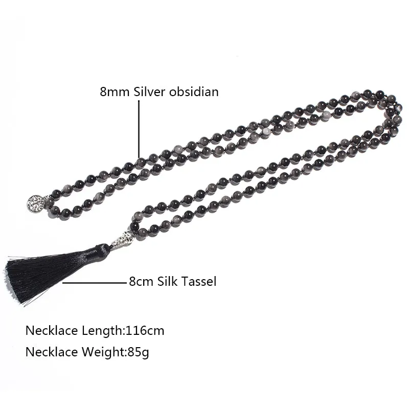 8mm Natural Obsidian Beaded Knotted Mala Necklace