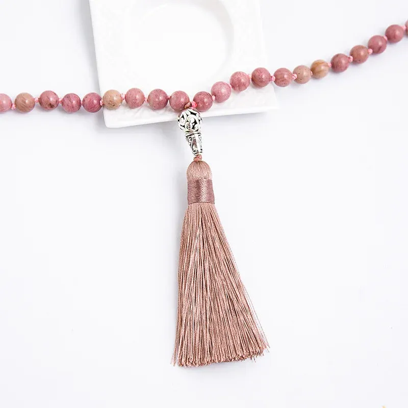 8mm Natural Rhodochrosite Knotted 108 Beads Japa Mala Necklace Meditation