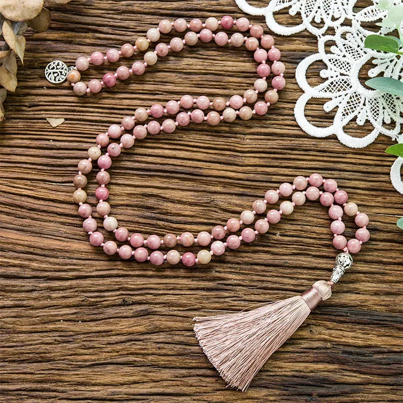 8mm Natural Rhodochrosite Knotted 108 Beads Japa Mala Necklace Meditation