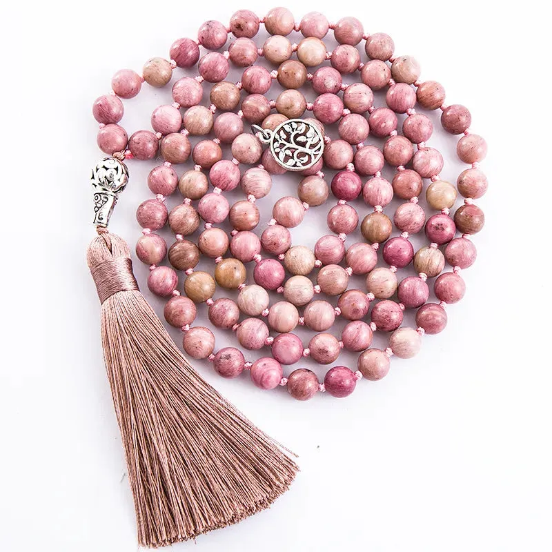 8mm Natural Rhodochrosite Knotted 108 Beads Japa Mala Necklace Meditation