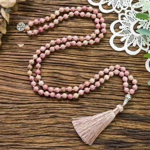 8mm Natural Rhodochrosite Knotted 108 Beads Japa Mala Necklace Meditation