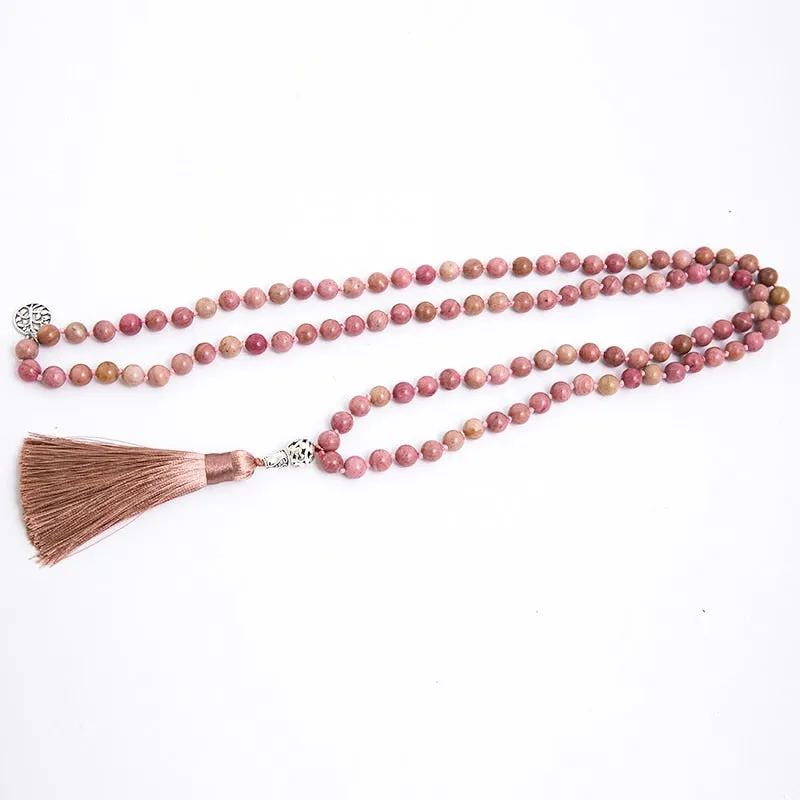 8mm Natural Rhodochrosite Knotted 108 Beads Japa Mala Necklace