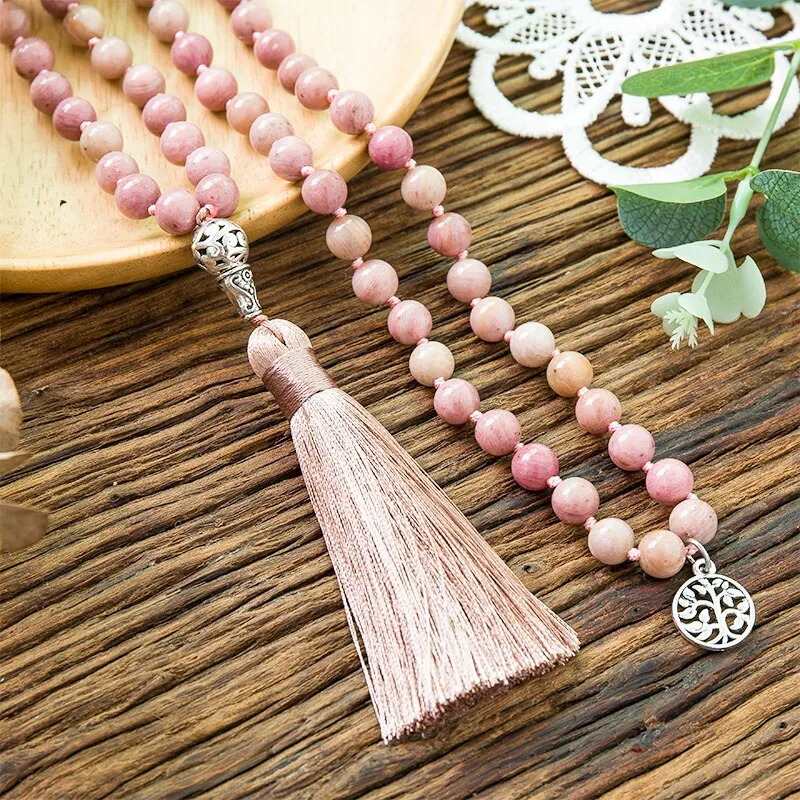 8mm Natural Rhodochrosite Knotted 108 Beads Japa Mala Necklace