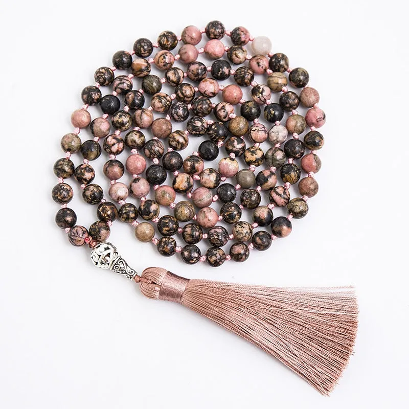 8mm Natural Rhodochrosite Knotted 108 Beads Japa Mala Necklace