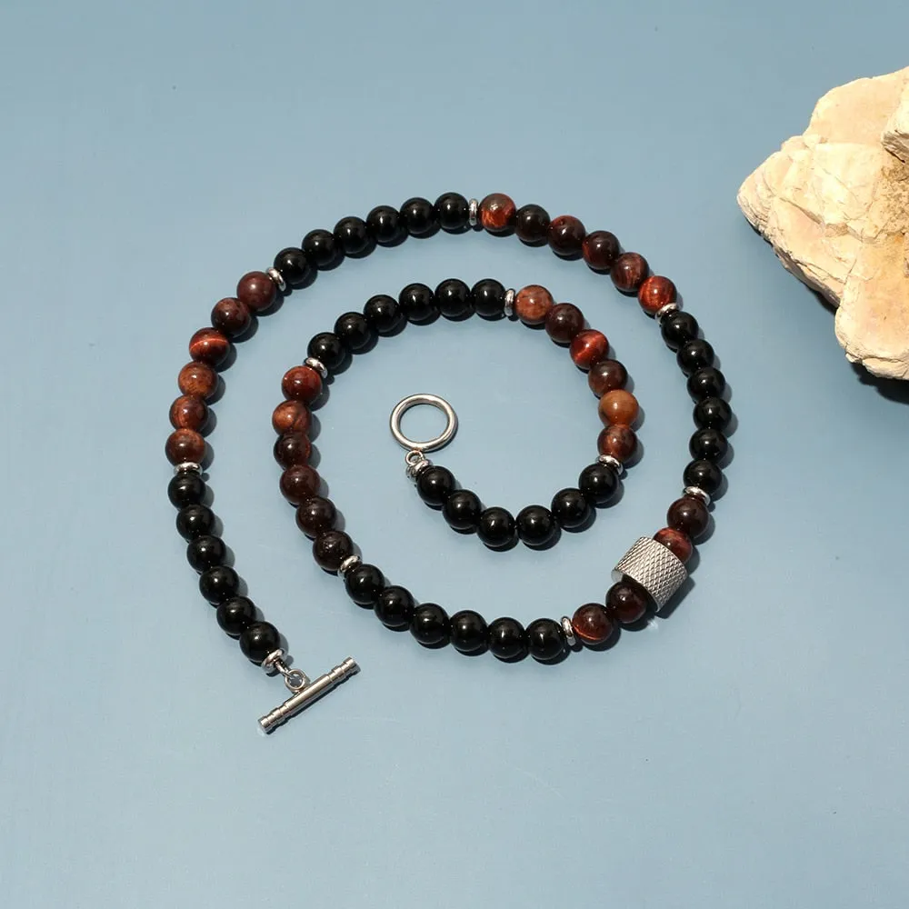 8mm Natural Stone Tiger Eyes Black Onyx Bead Necklace Stainless Steel Beaded