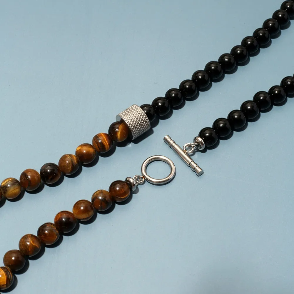 8mm Natural Stone Tiger Eyes Black Onyx Bead Necklace Stainless Steel Beaded