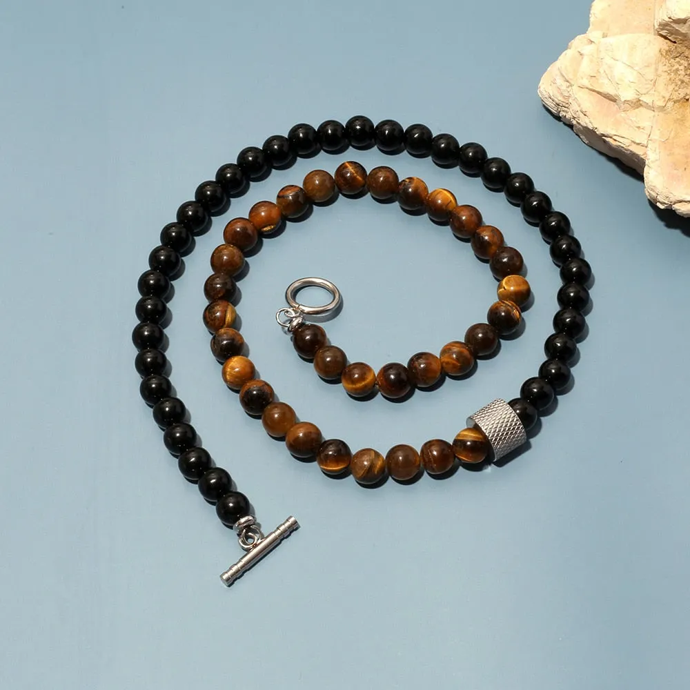 8mm Natural Stone Tiger Eyes Black Onyx Bead Necklace Stainless Steel Beaded