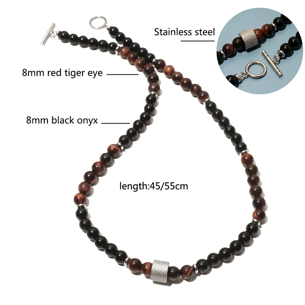8mm Natural Stone Tiger Eyes Black Onyx Bead Necklace Stainless Steel Beaded