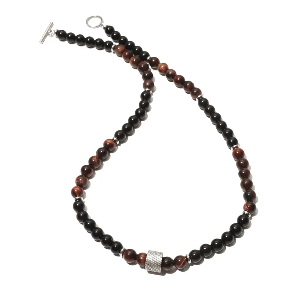 8mm Natural Stone Tiger Eyes Black Onyx Bead Necklace Stainless Steel Beaded