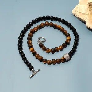 8mm Natural Stone Tiger Eyes Black Onyx Bead Necklace Stainless Steel Beaded