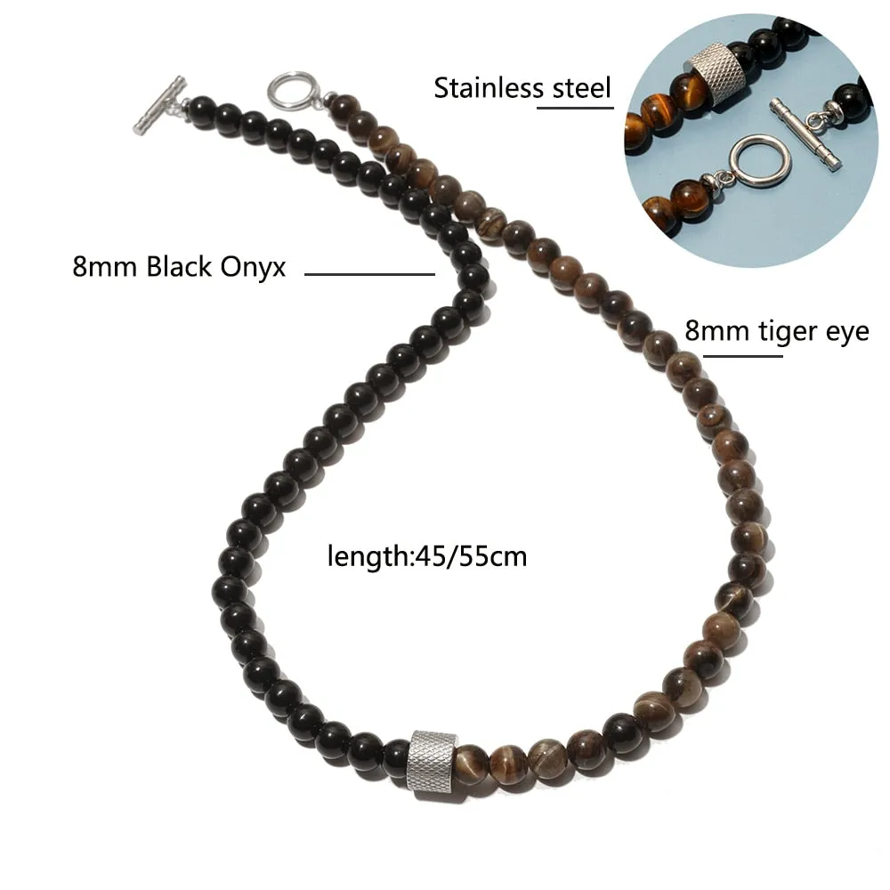 8mm Natural Stone Tiger Eyes Black Onyx Bead Necklace Stainless Steel Beaded