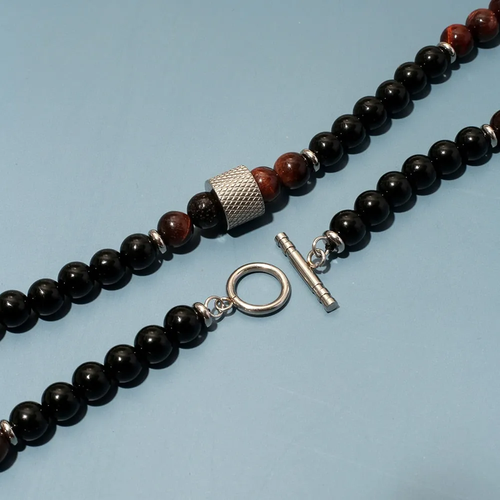 8mm Natural Stone Tiger Eyes Black Onyx Bead Necklace Stainless Steel Beaded