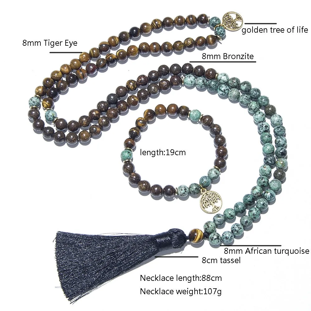 8mm Natural Tiger Eye Bronzite 108 Mala Beaded Necklace