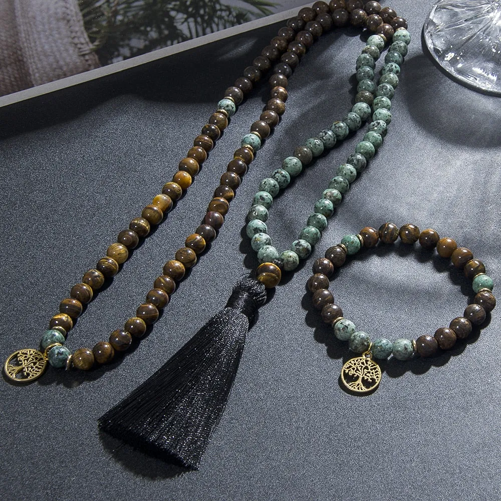 8mm Natural Tiger Eye Bronzite 108 Mala Beaded Necklace