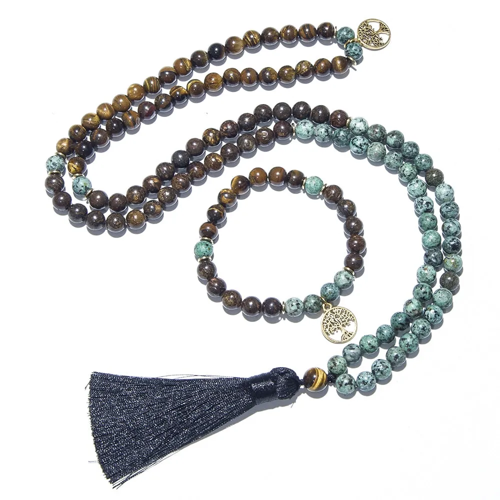 8mm Natural Tiger Eye Bronzite 108 Mala Beaded Necklace
