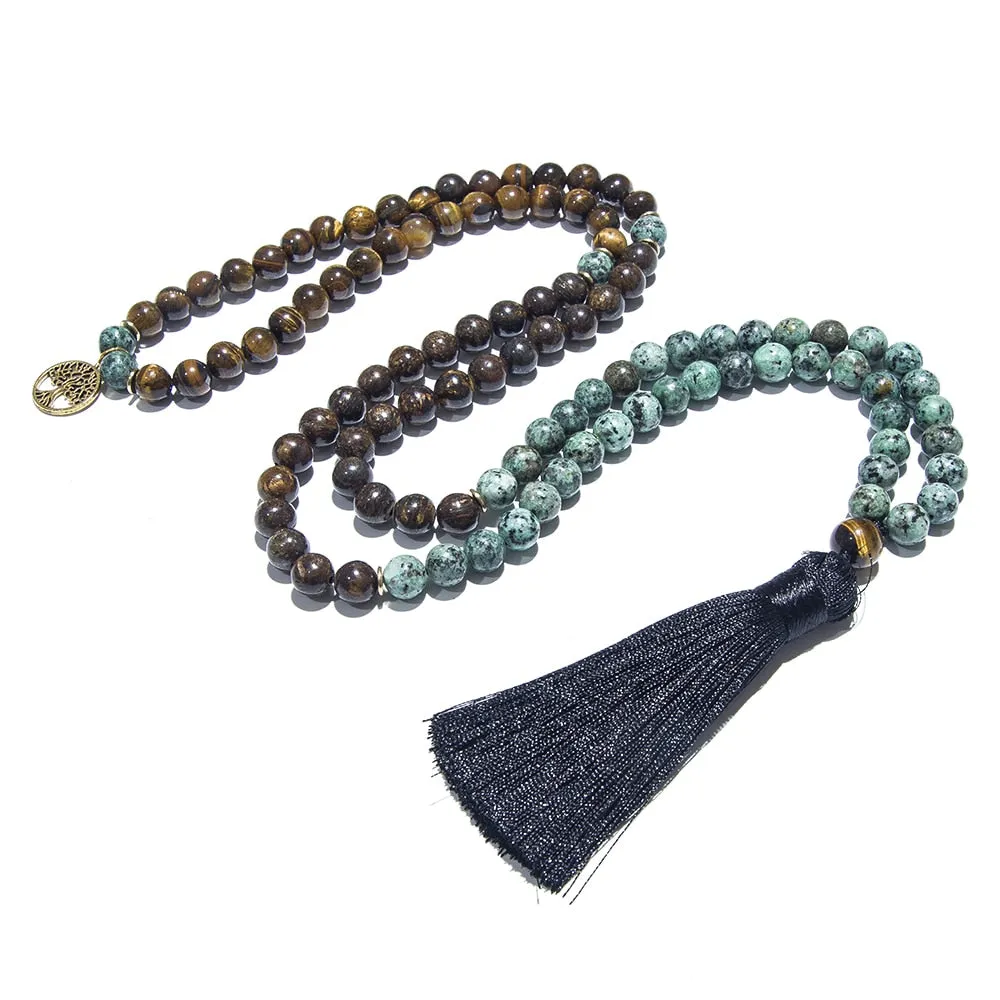 8mm Natural Tiger Eye Bronzite 108 Mala Beaded Necklace