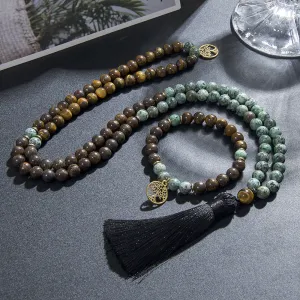 8mm Natural Tiger Eye Bronzite 108 Mala Beaded Necklace