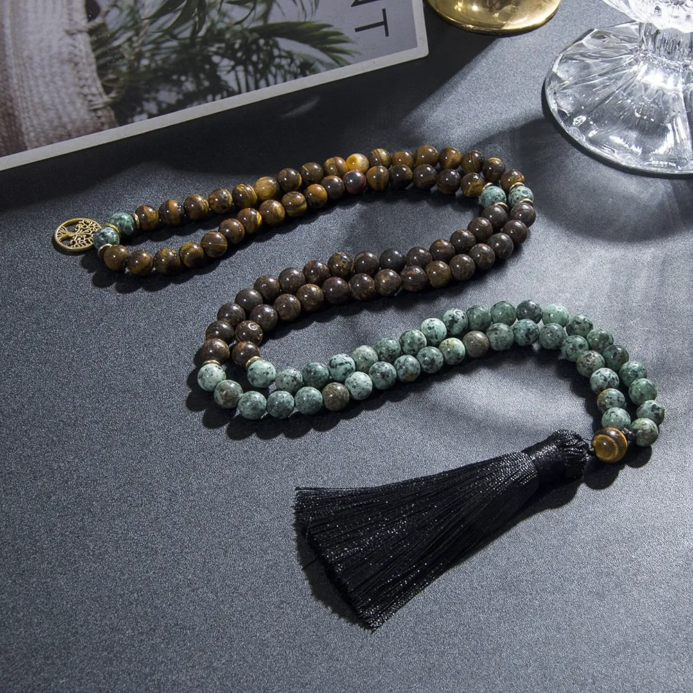 8mm Natural Tiger Eye Bronzite 108 Mala Beaded Necklace