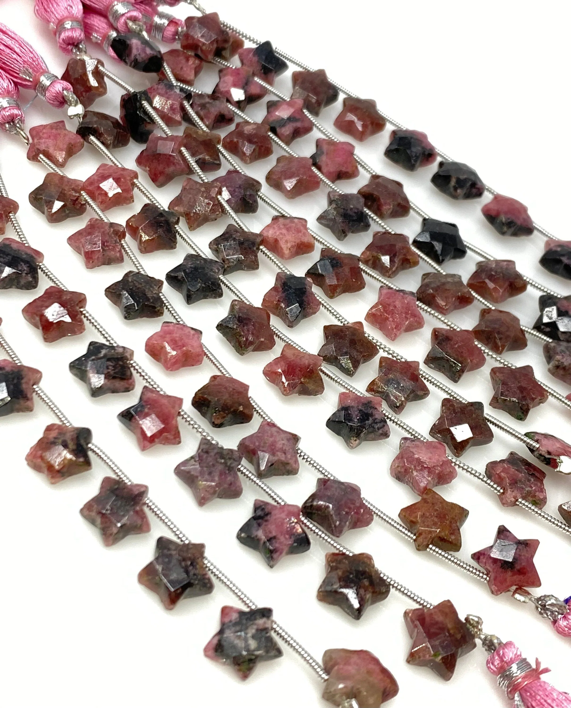 9- 10mm Rhodonite Gemstone Beads, Rare Rhodonite Hand Carved  Star Beads, Jewelry Supplies, Wholesale Bulk Beads, 5” Strand/ 10 Beads