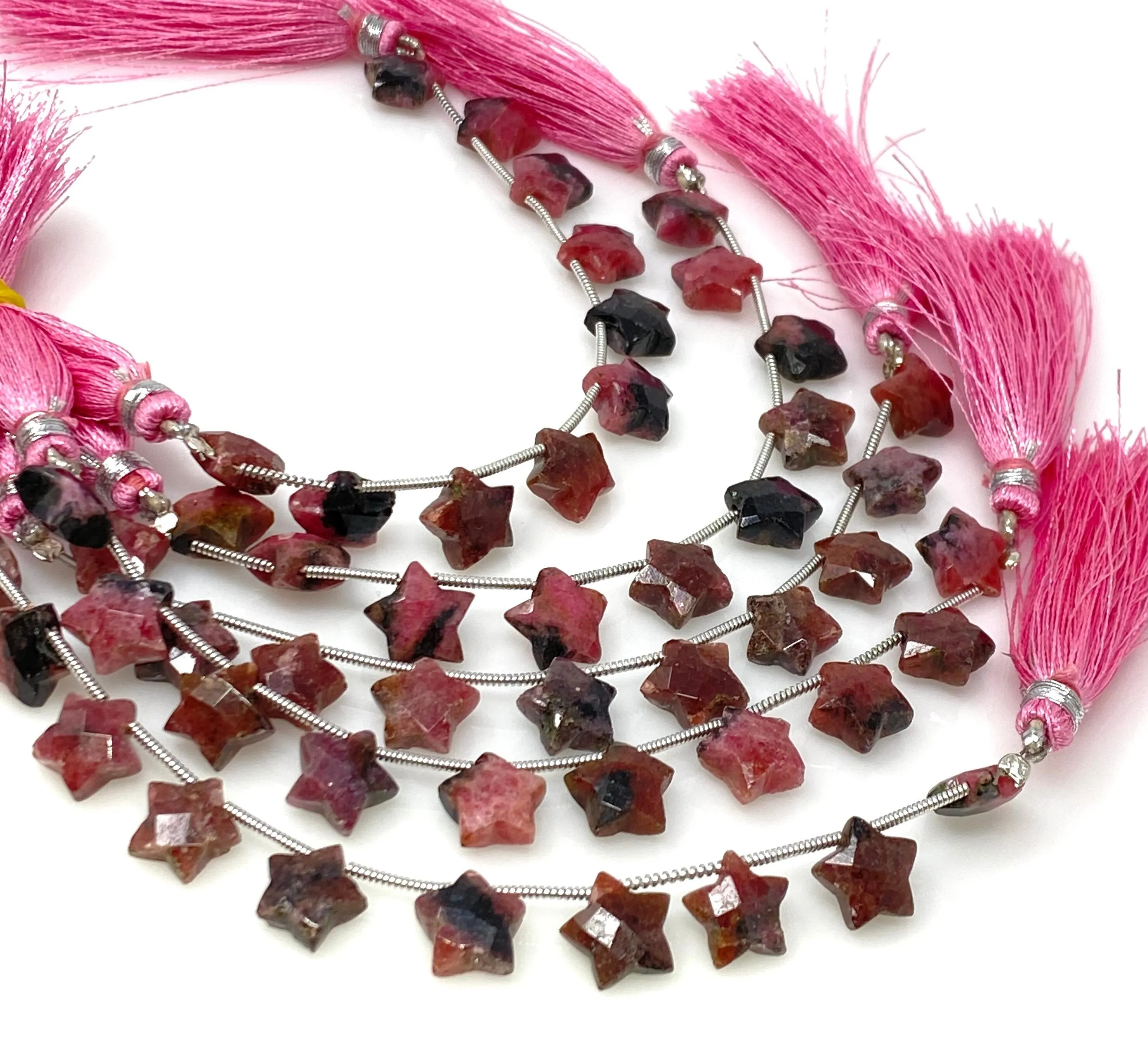 9- 10mm Rhodonite Gemstone Beads, Rare Rhodonite Hand Carved  Star Beads, Jewelry Supplies, Wholesale Bulk Beads, 5” Strand/ 10 Beads
