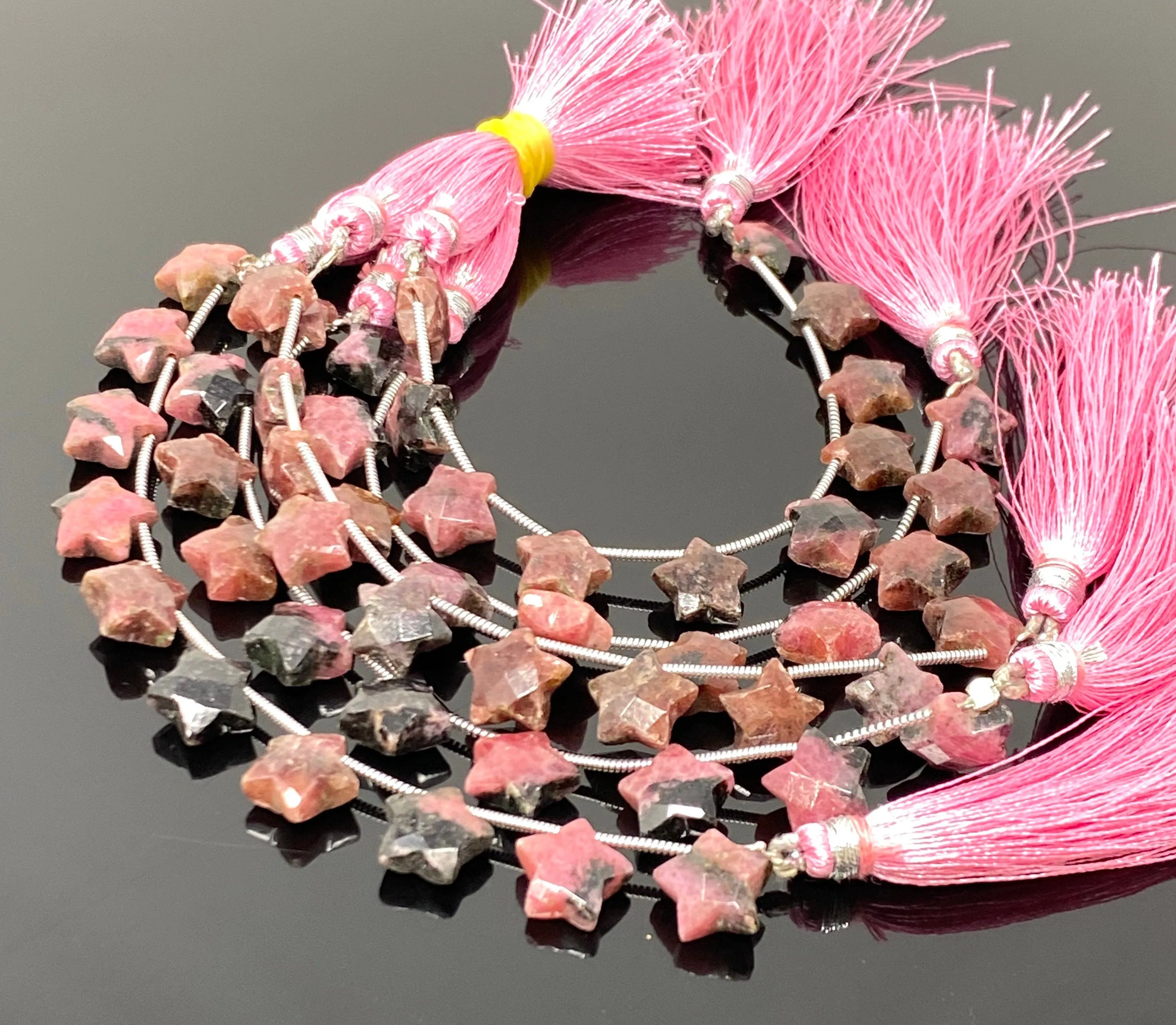 9- 10mm Rhodonite Gemstone Beads, Rare Rhodonite Hand Carved  Star Beads, Jewelry Supplies, Wholesale Bulk Beads, 5” Strand/ 10 Beads