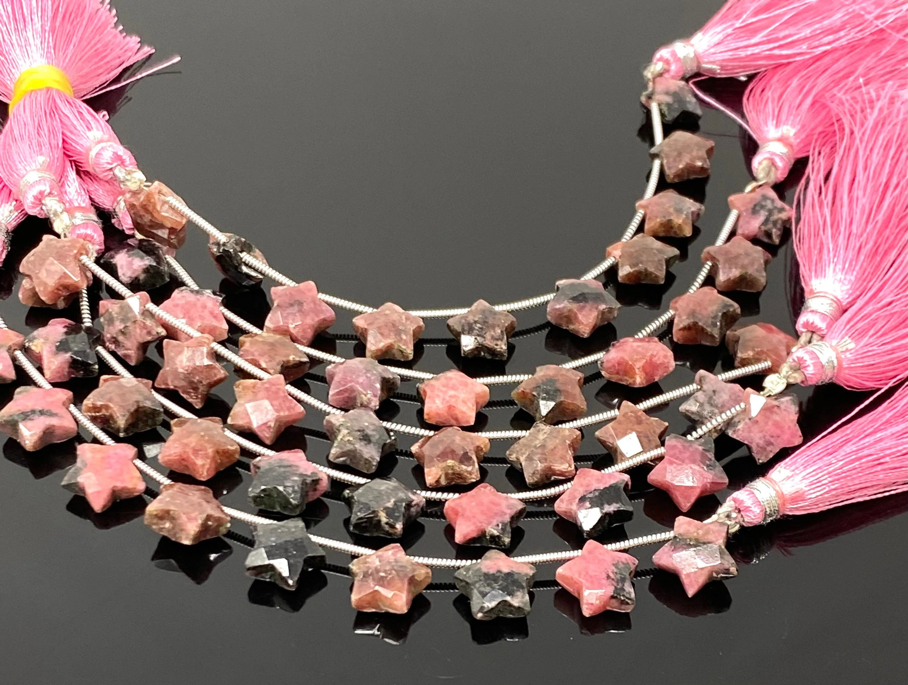 9- 10mm Rhodonite Gemstone Beads, Rare Rhodonite Hand Carved  Star Beads, Jewelry Supplies, Wholesale Bulk Beads, 5” Strand/ 10 Beads