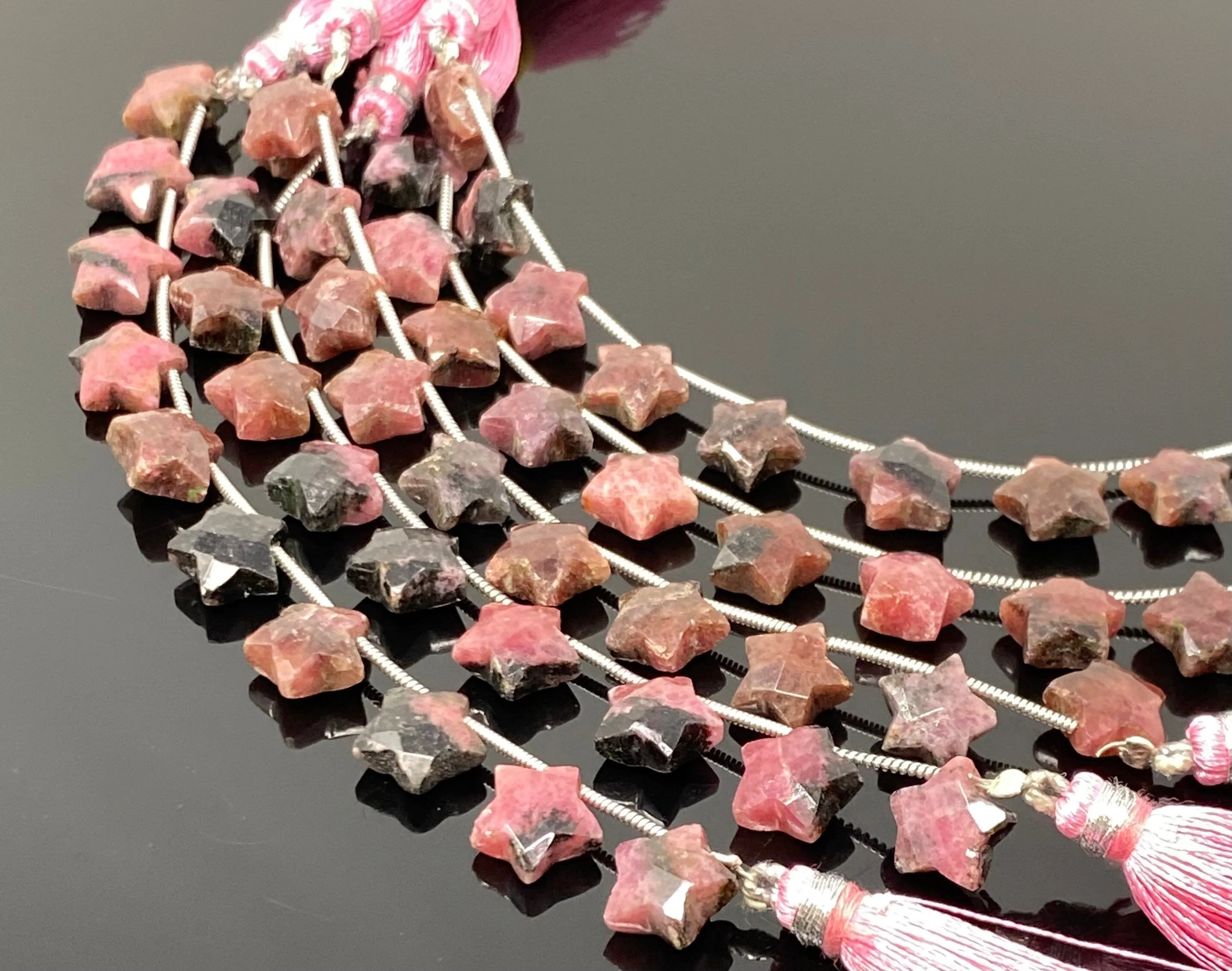 9- 10mm Rhodonite Gemstone Beads, Rare Rhodonite Hand Carved  Star Beads, Jewelry Supplies, Wholesale Bulk Beads, 5” Strand/ 10 Beads