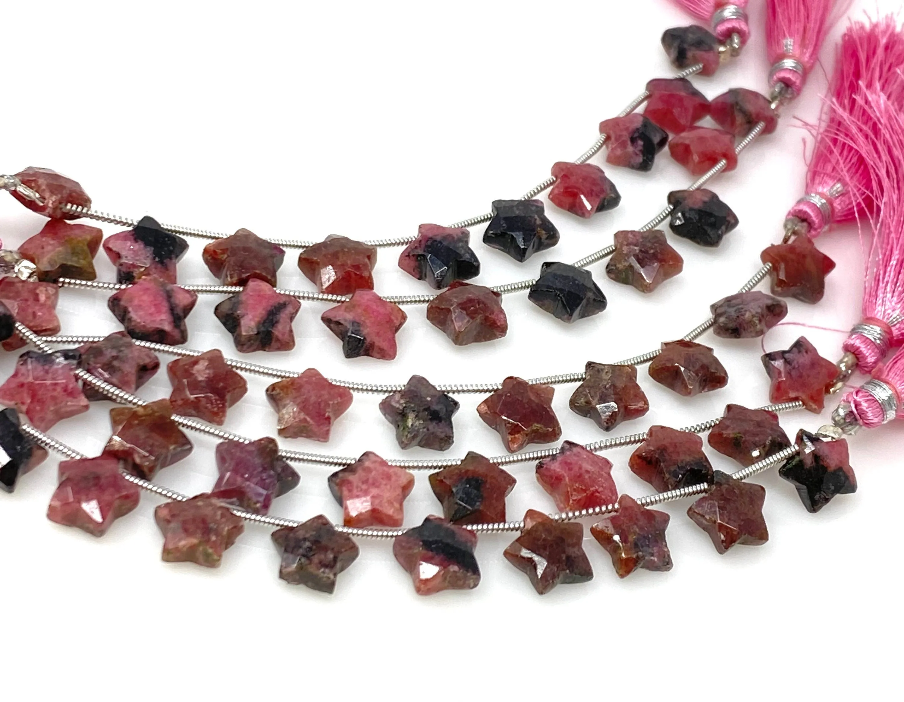 9- 10mm Rhodonite Gemstone Beads, Rare Rhodonite Hand Carved  Star Beads, Jewelry Supplies, Wholesale Bulk Beads, 5” Strand/ 10 Beads