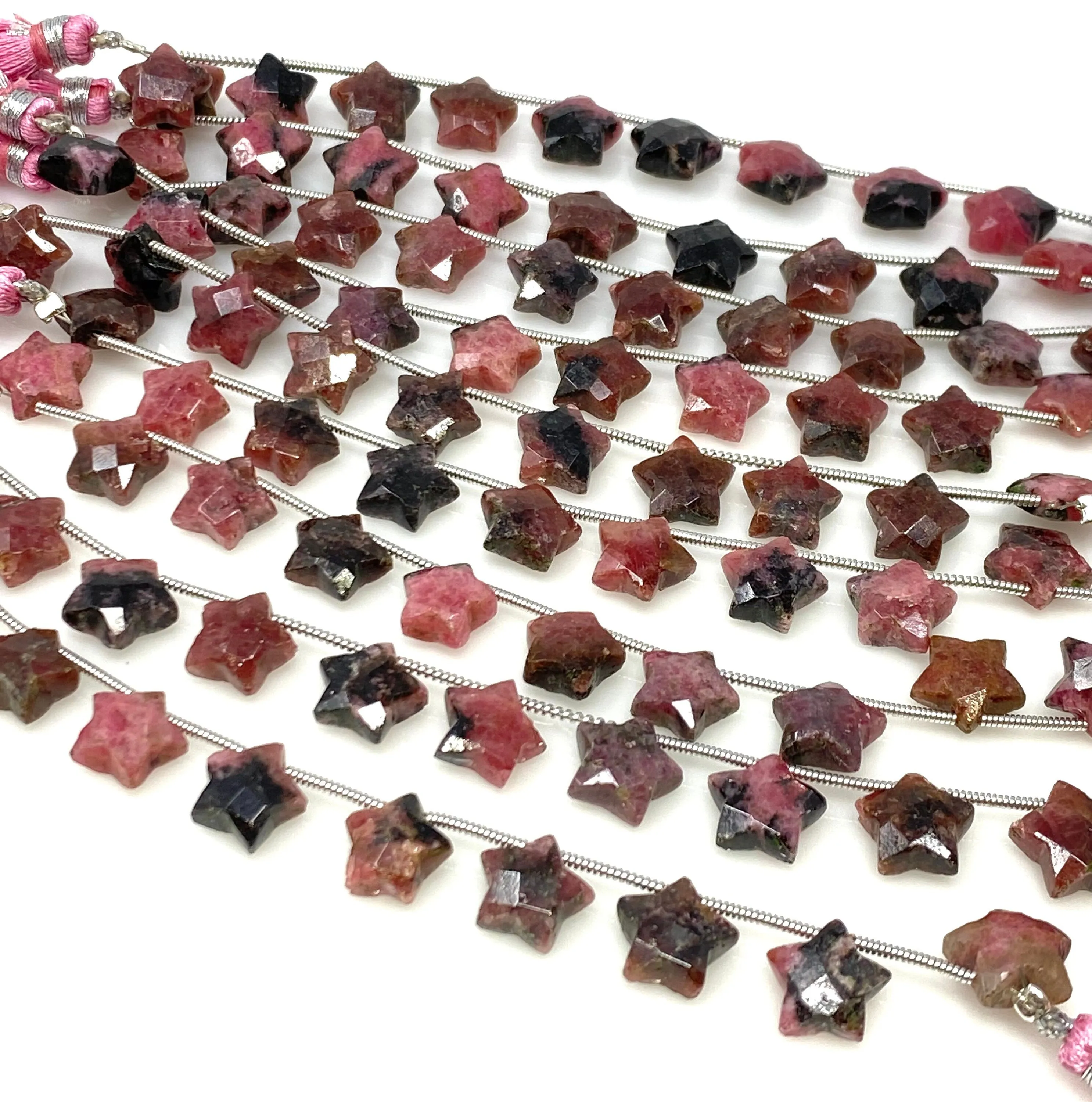 9- 10mm Rhodonite Gemstone Beads, Rare Rhodonite Hand Carved  Star Beads, Jewelry Supplies, Wholesale Bulk Beads, 5” Strand/ 10 Beads