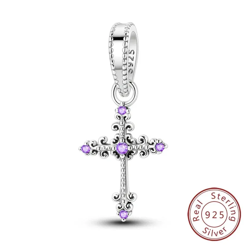 925 Sterling Silver Purple Cross Pendant Fits Bracelets & Necklaces Diy Gift For Women