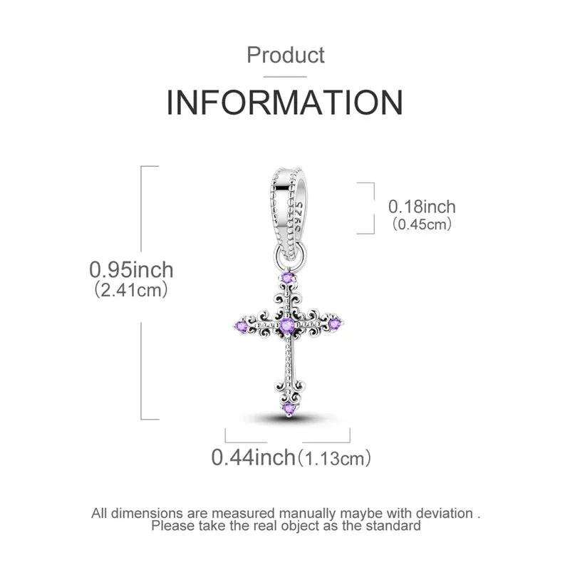 925 Sterling Silver Purple Cross Pendant Fits Bracelets & Necklaces Diy Gift For Women