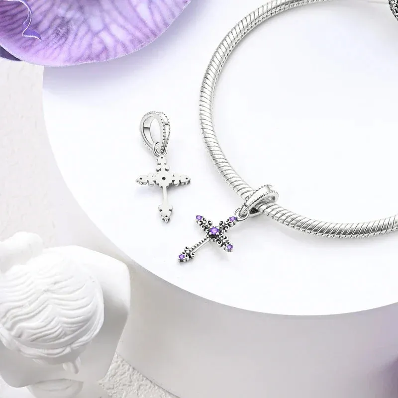 925 Sterling Silver Purple Cross Pendant Fits Bracelets & Necklaces Diy Gift For Women
