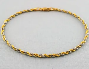 9ct Yellow & White Gold Hollow Rope Chain Bracelet  7.2"