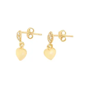 9ct Yellow Gold Silver Infused Heart Drop Stud Earrings with Cubic Zirconia