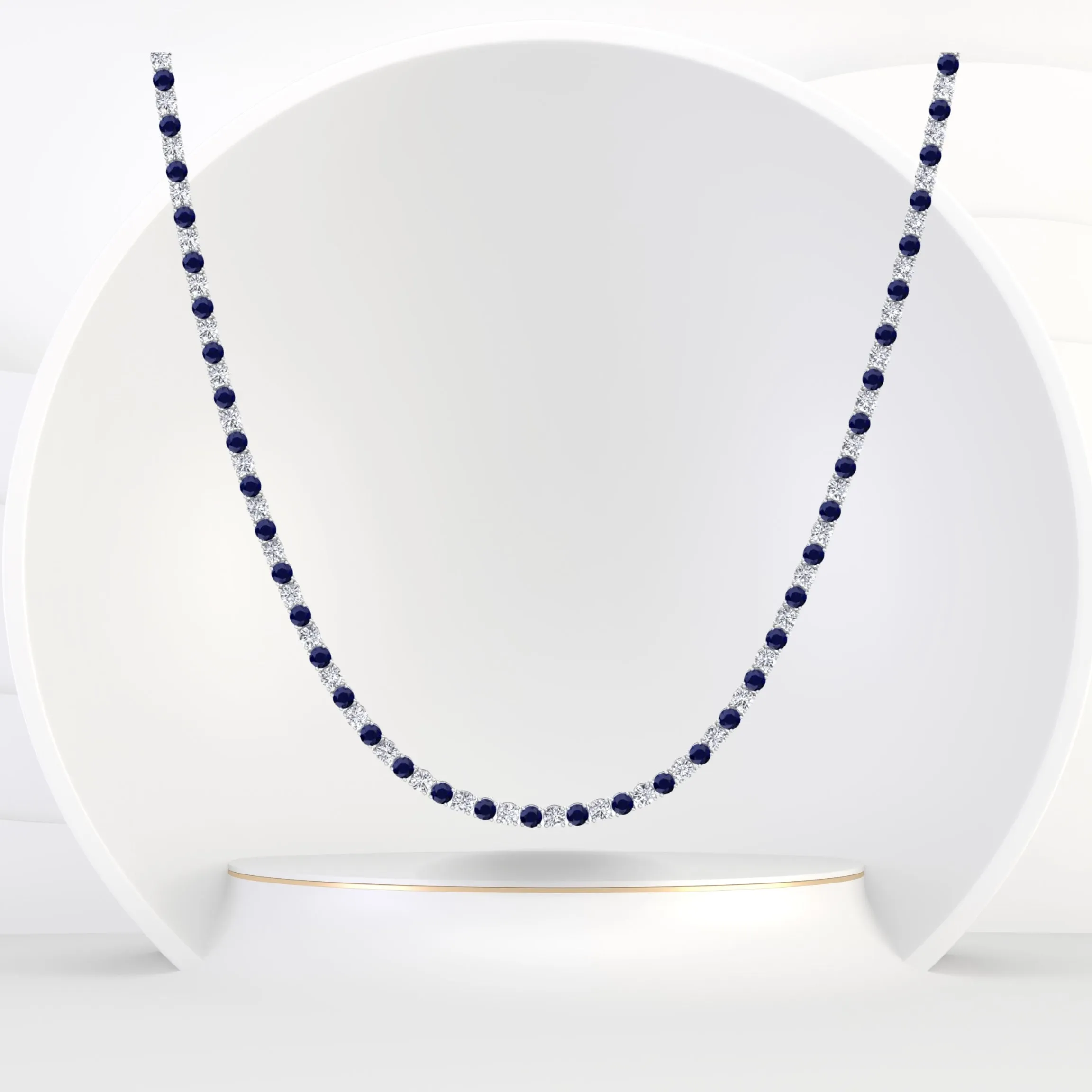 Alternating Natural Blue Sapphire and Natural Diamond Tennis Necklace