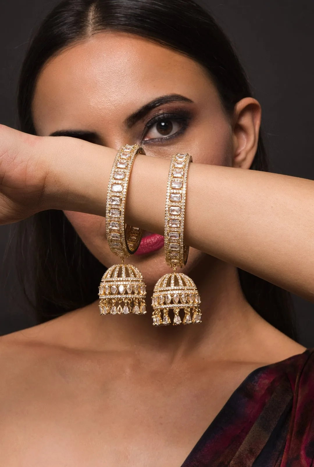 American Diamond Gold Bangle With Jhumka Hanging Pair