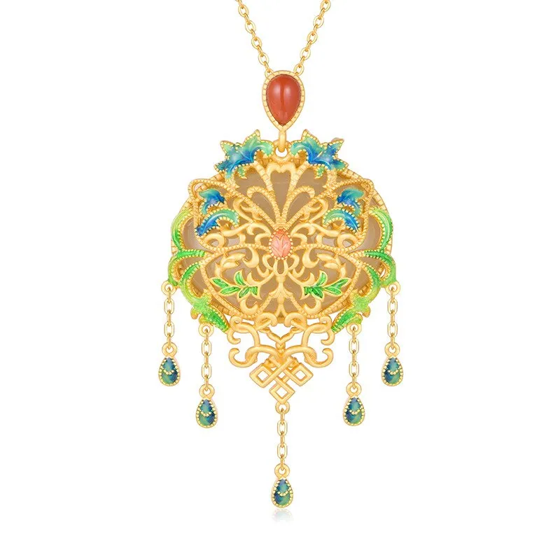 Ancient gold craftsmanship natural chalcedony butterfly tassel necklace