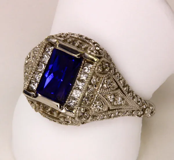 Antique Style Highly Detailed Ring with Emerald Cut Tanzanite