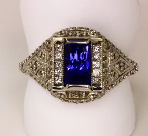 Antique Style Highly Detailed Ring with Emerald Cut Tanzanite