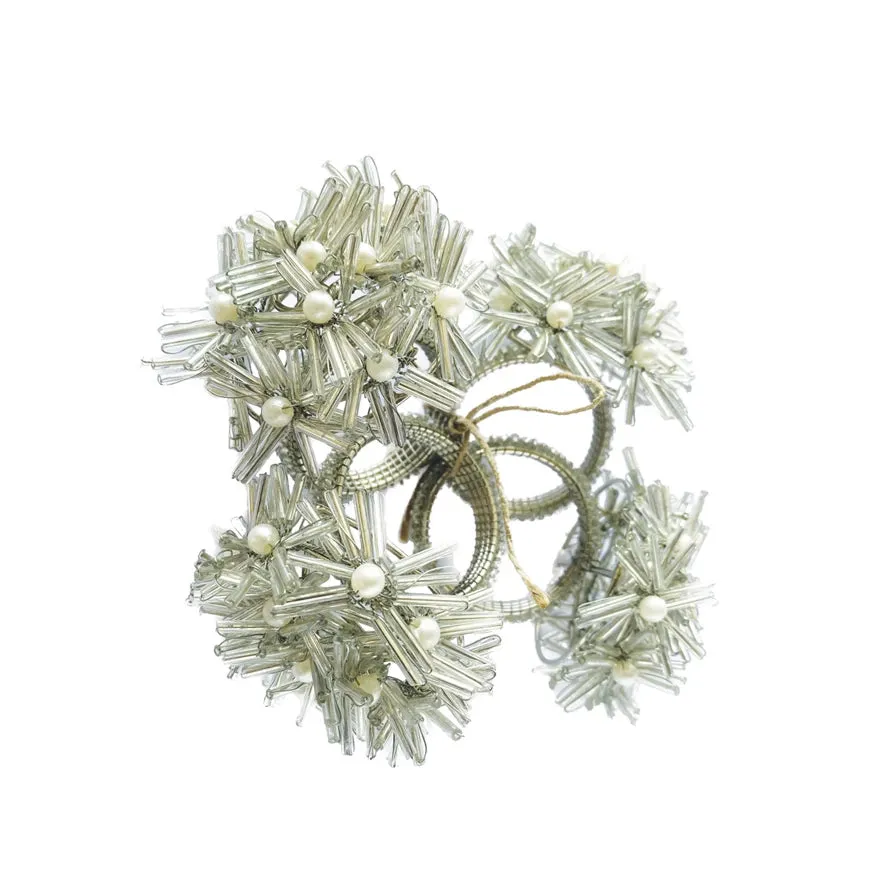 Beaded Metal Floral Napkin Rings, Silver Finish, Set of 4