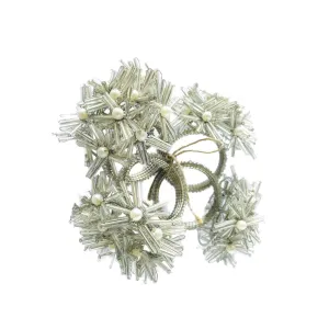 Beaded Metal Floral Napkin Rings, Silver Finish, Set of 4
