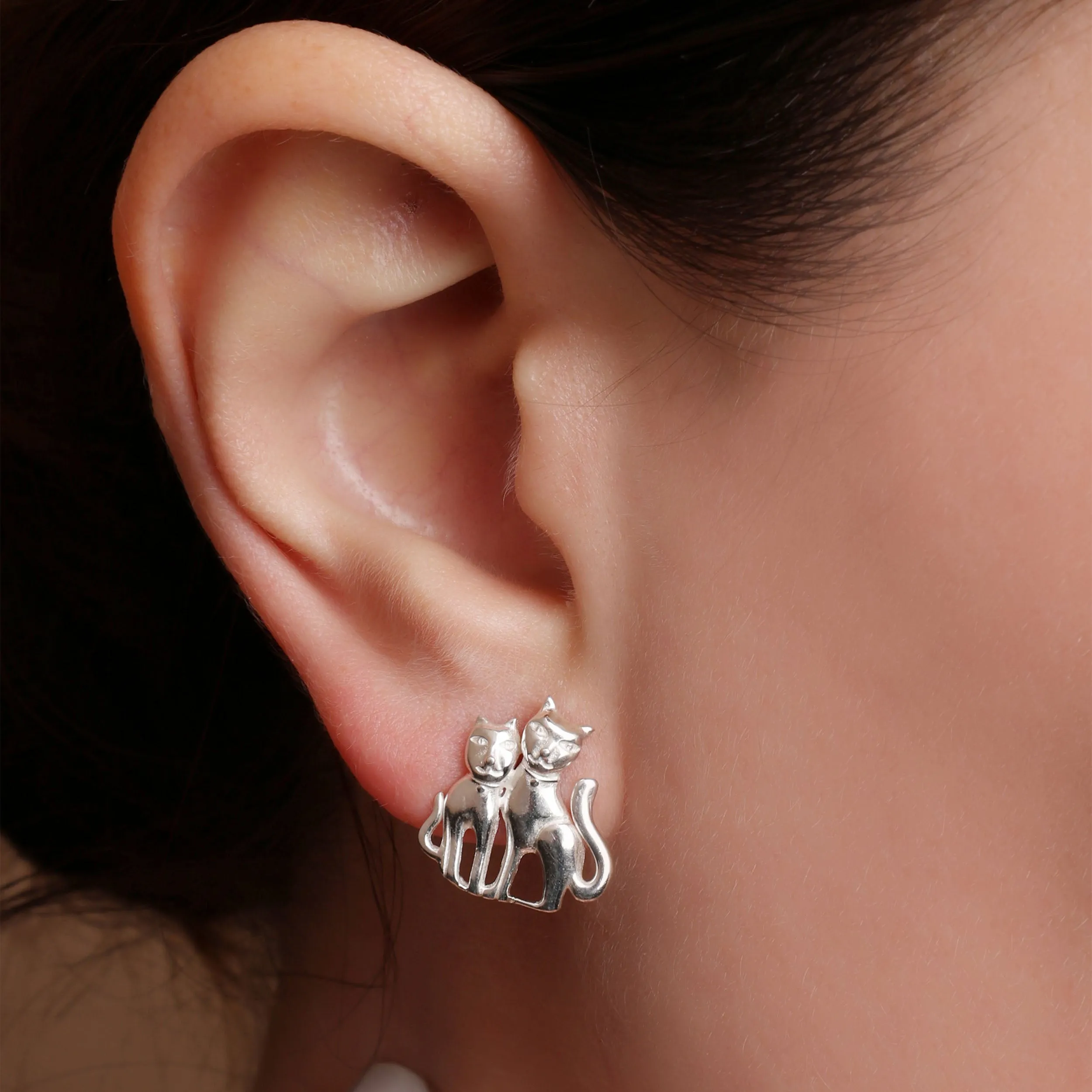 Best Friend Animal Lover Dangle Earrings Two Kitten Cat Studs in Sterling Silver