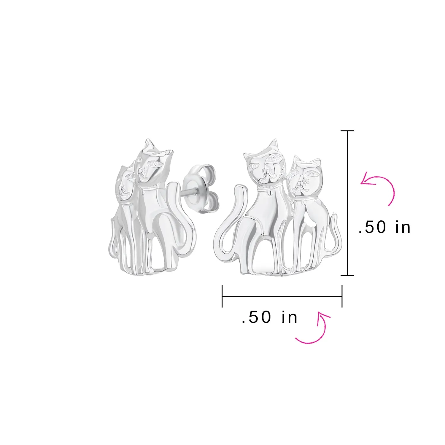 Best Friend Animal Lover Dangle Earrings Two Kitten Cat Studs in Sterling Silver