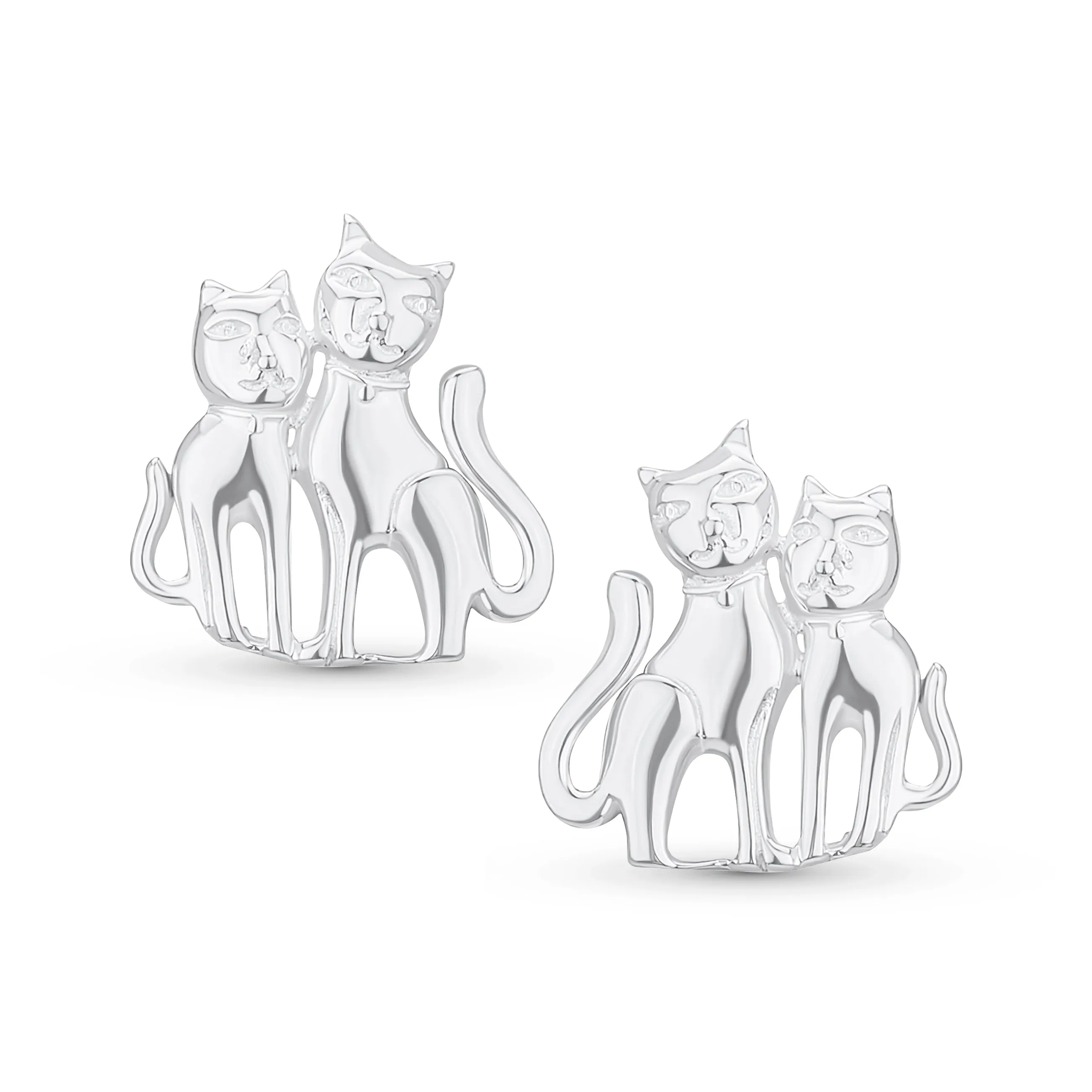 Best Friend Animal Lover Dangle Earrings Two Kitten Cat Studs in Sterling Silver