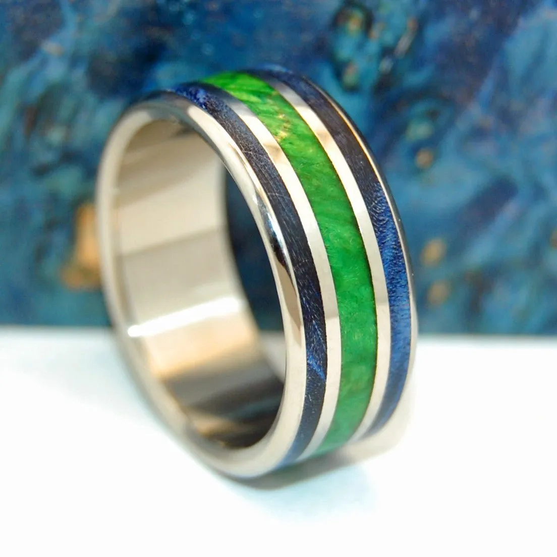 Between Oceans | Men's Blue Box Elder Wood & Titanium Wedding Ring