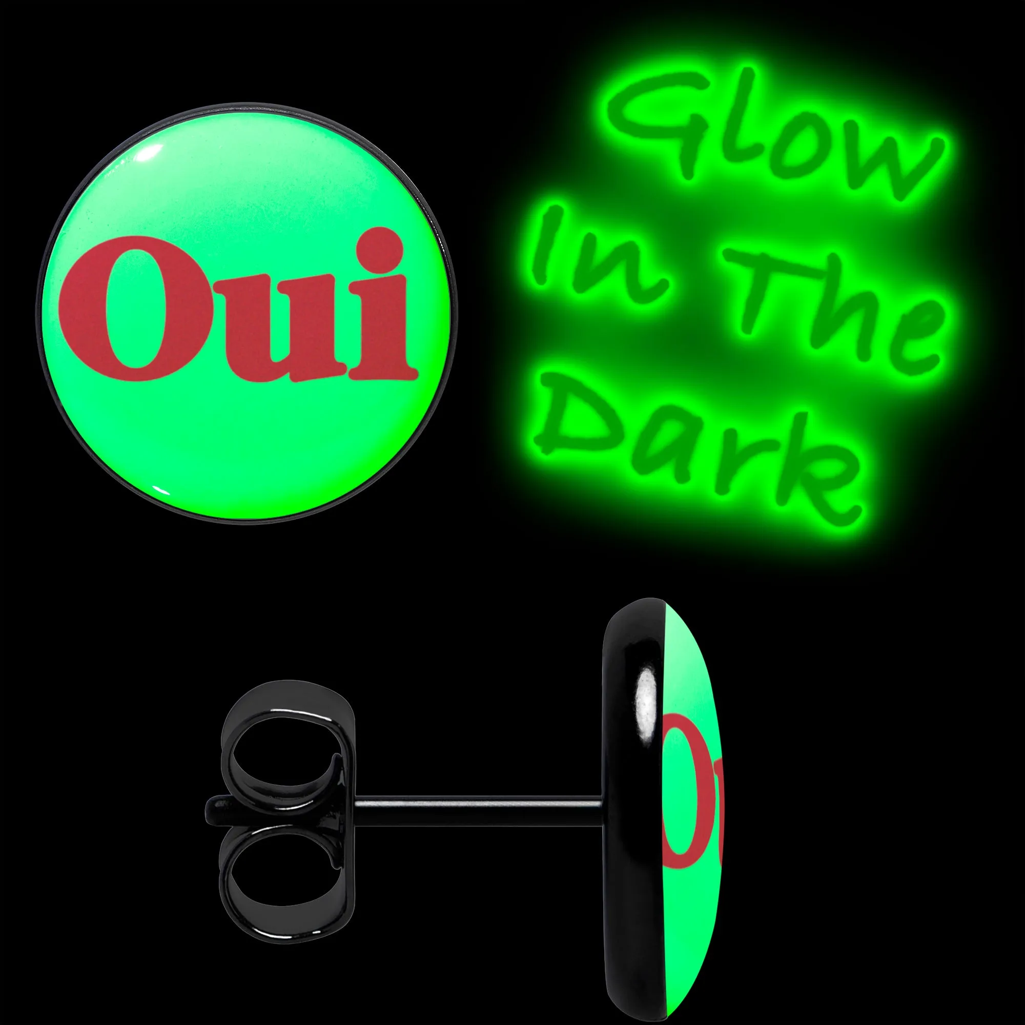 Black Anodized OUI Glow in the Dark Stud Earrings